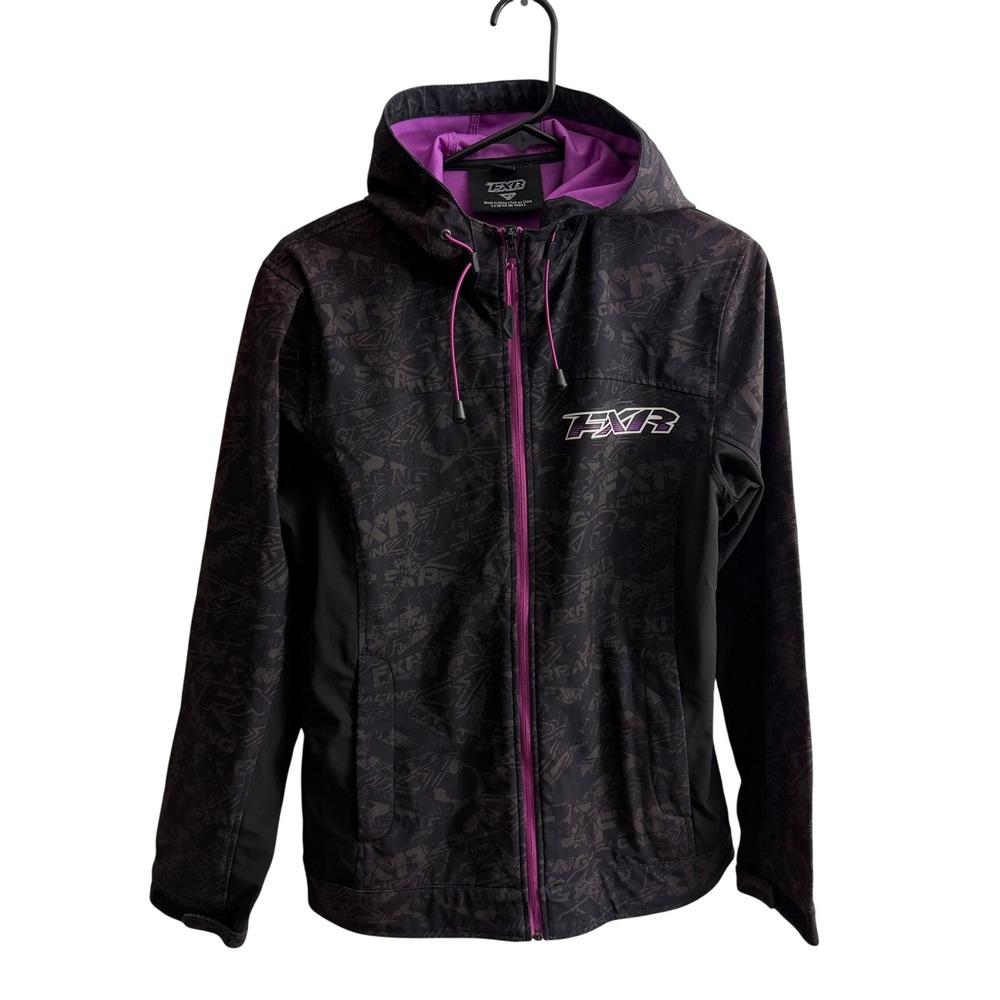FXR Jacket Womens Size 6 Black Purple Logo Print Racing Hooded Softshell Zip Up
